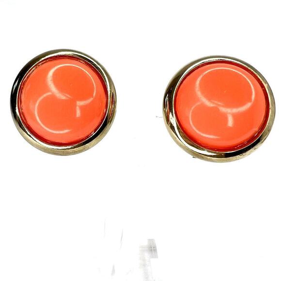 Vintage 80s Tangerine Coral Acrylic Button Clip On Earrings Silver Metal Round - Picture 1 of 4